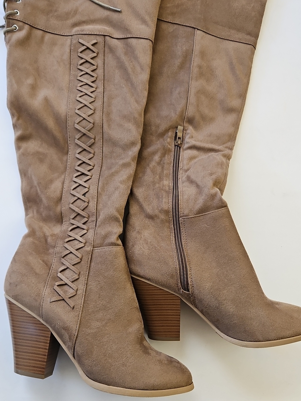 NEW Journee Collection Taupe Lace-Up Knee-High Block Heel Boots - Picture 2 of 7